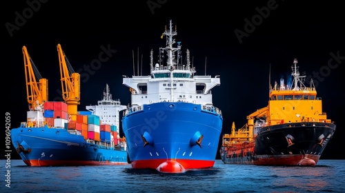 Cargo Ships at Dusk: A captivating scene featuring three cargo ships at anchor in the harbor, silhouetted against the dark night sky.