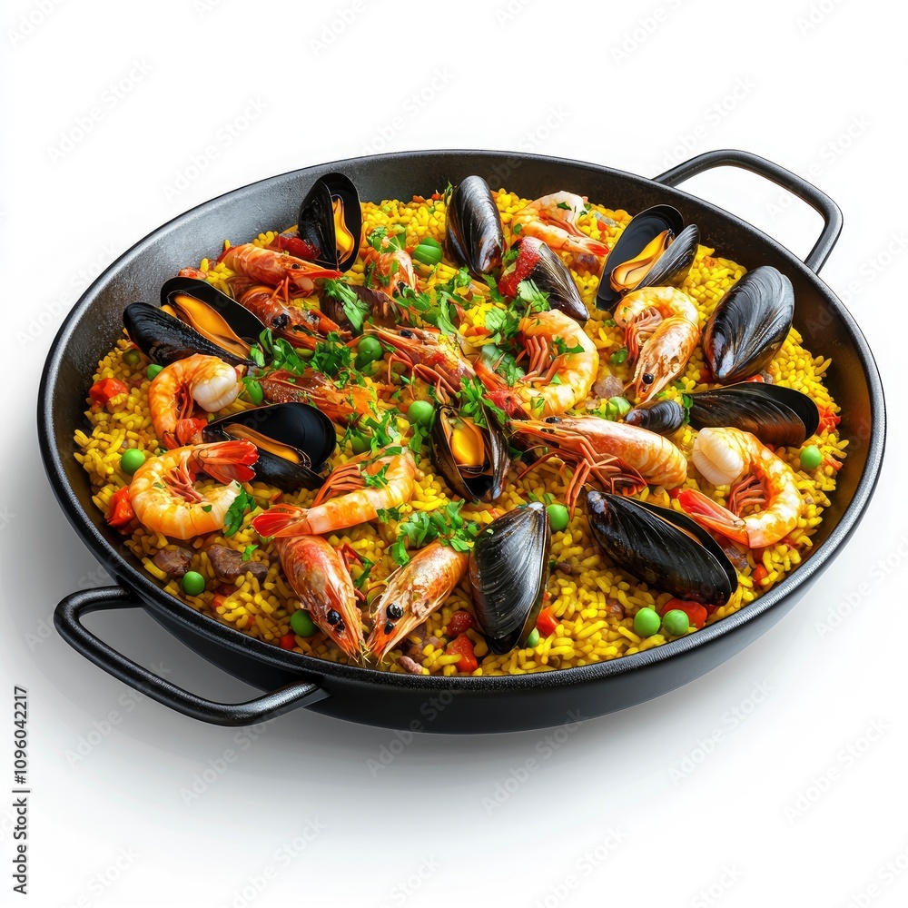 A vibrant seafood paella with shrimp, mussels, and colorful rice garnished with herbs. A vibrant seafood paella with shrimp, mussels, and colorful rice garnished with herbs.