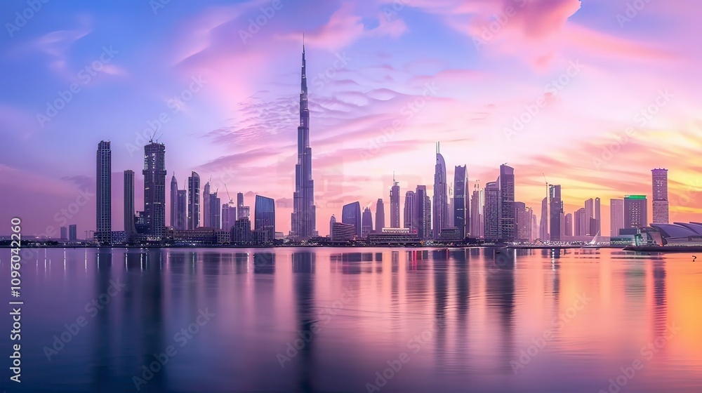 A panoramic skyline of New York with towering skyscrapers against a sunset. A panoramic skyline of New York with towering skyscrapers against a sunset.