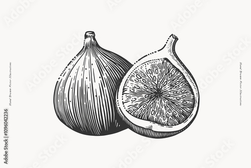 Hand-drawn figs. Dessert and exotic fruits, whole and cut. Organic food concept. It can be used as an element of the design of markets, menus, and packaging. Vintage botanical illustration.