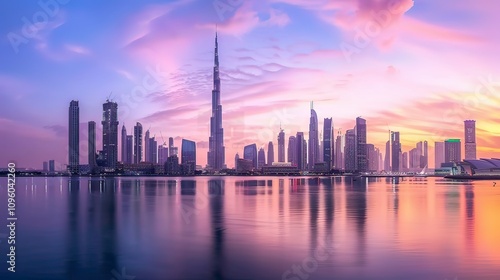 A panoramic skyline of New York with towering skyscrapers against a sunset.