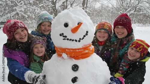 Children building a large snowman, adding a carrot nose and scarf, with snowball fights 