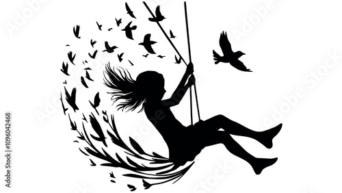 Silhouette of Girl Swinging Joyfully with Birds in Flight