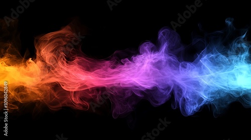 Abstract Colorful Smoke Waves Flowing Across a Black Background, Creating a Dynamic and Ethereal Visual Effect for Creative Projects