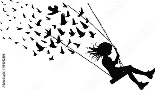 Silhouette of Girl Swinging Joyfully with Birds in Flight