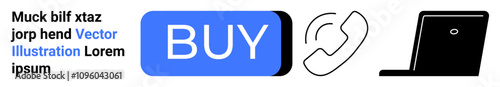 Blue BUY button, black telephone handset icon, black laptop icon, lorem ipsum text. Ideal for e-commerce, tech, online shopping, digital communication, sales, user interfaces, websites. Landing page