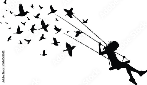 Wallpaper Mural Silhouette of Girl Swinging Joyfully with Birds in Flight Torontodigital.ca