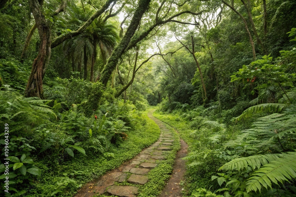 Overgrown pathways wind through jungle disappearing into dense undergrowth, vegetation chokehold, overgrown trail Overgrown pathways wind through jungle disappearing into dense undergrowth, vegetation chokehold, overgrown trail