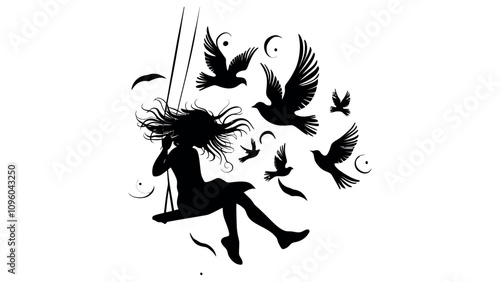 Silhouette of Girl Swinging Joyfully with Birds in Flight