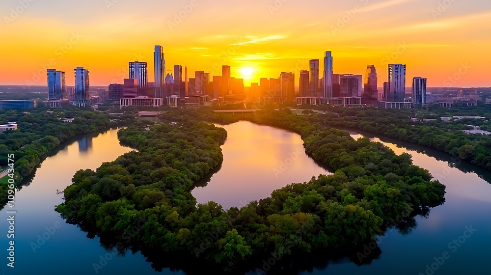 Fototapeta premium Breathtaking Aerial View of Urban Skyline at Sunset Over River Surrounded by Lush Green Trees and Vibrant City Landscape