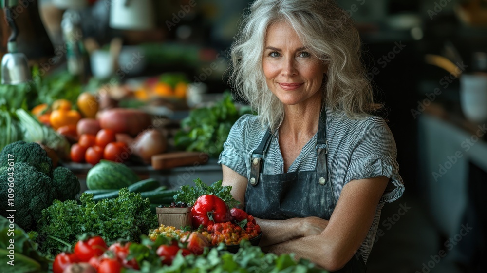 A smiling woman among fresh vegetables in a vibrant market setting. A smiling woman among fresh vegetables in a vibrant market setting.