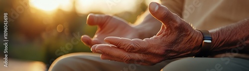 A closeup of hands in a mudra pose, resting on knees during meditation photo