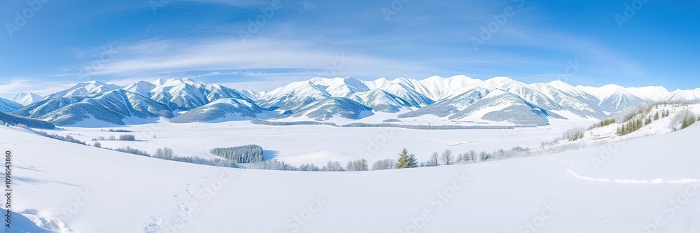 Obraz premium Panoramic view of a snowy landscape, serene backdrop, panoramic view