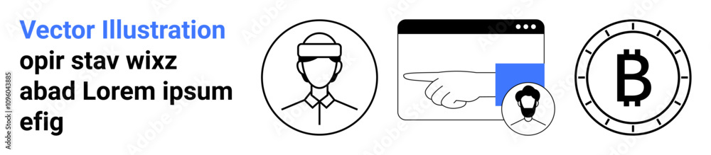 Various elements including profile icons, browser window with a pointing hand, and Bitcoin symbol. Ideal for cryptocurrency, web design, profiles, navigation, digital currency, user interface Various elements including profile icons, browser window with a pointing hand, and Bitcoin symbol. Ideal for cryptocurrency, web design, profiles, navigation, digital currency, user interface
