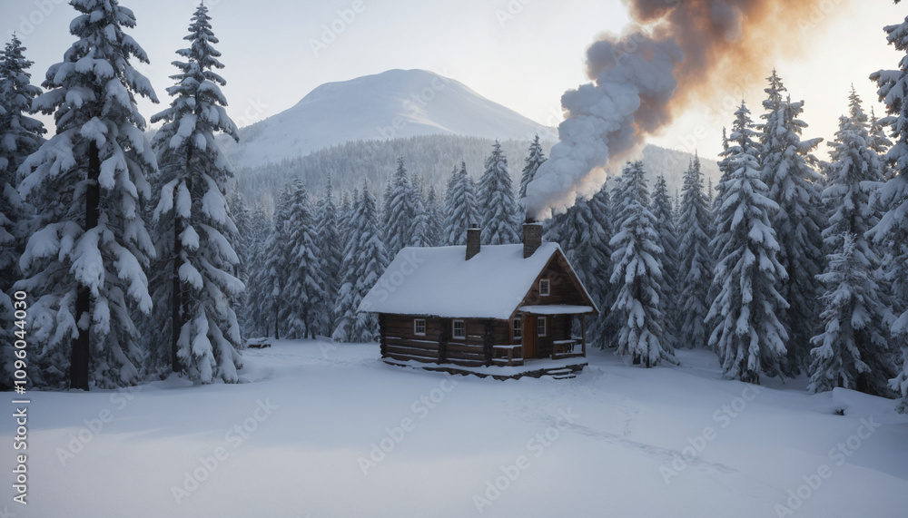 Naklejka premium A cozy wooden cabin nestled in a snowy forest, with smoke billowing from its chimney and a mountain peak in the background.