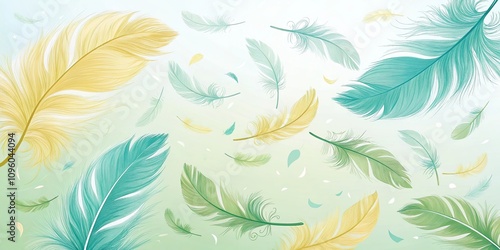 Pastel feathers in shades of pale yellow and green create a bright and cheerful design, uplifting mood, playful design, gentle texture