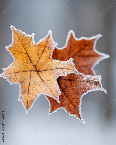 Frosty autumn maple leaves, close-up.