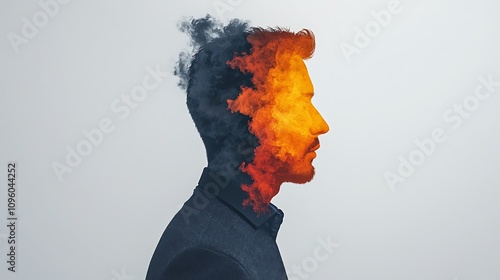 Profile of a man with vibrant smoke and flame transformation illustrating creativity, passion, and the blend of imagination and reality in a unique artistic approach