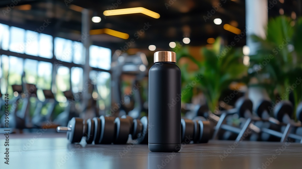 A gymgoer hydrating with a stylish water bottle next to weights A gymgoer hydrating with a stylish water bottle next to weights