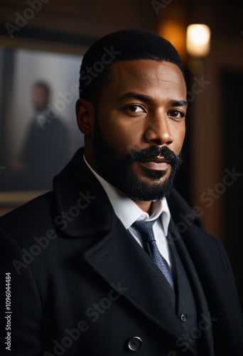 A man with a beard and a mustache is wearing a black coat black businessman portrait Ultra realistic Photorealistic hyperdetailed photography soft light head and shoulders portrait cover