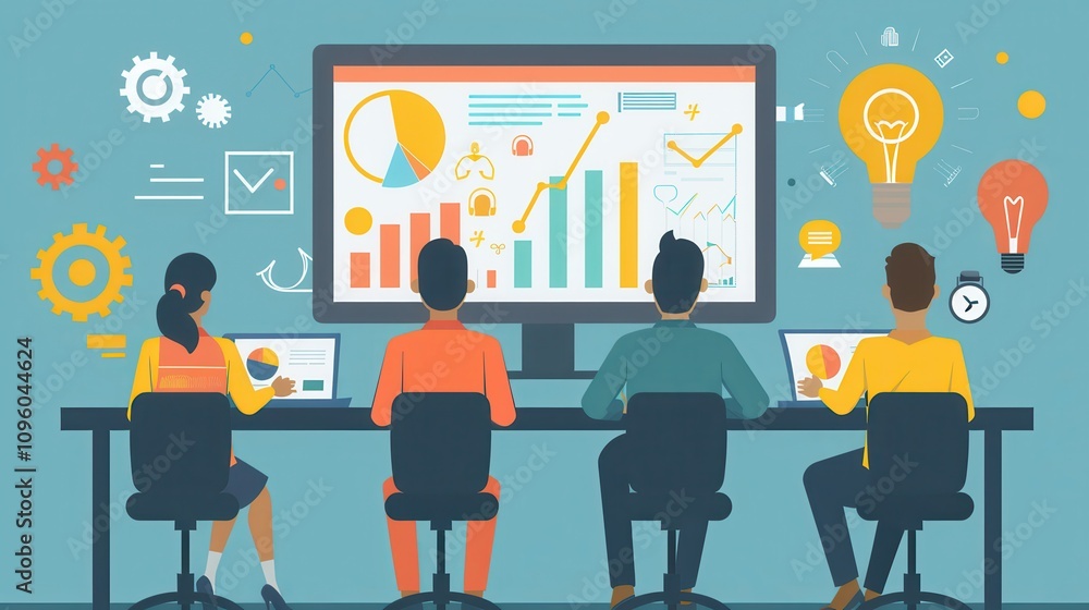 Flat vector design of a business process concept, featuring a team in a meeting brainstorming project ideas and planning creatively with developers Flat vector design of a business process concept, featuring a team in a meeting brainstorming project ideas and planning creatively with developers