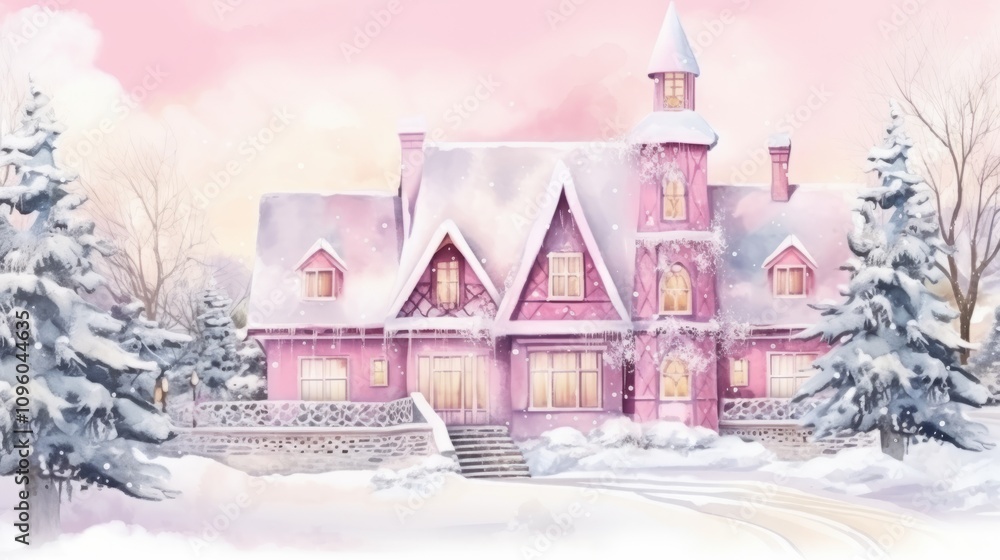 A cute winter town with snow-covered streets and cozy pink houses. Landscape background, Merry Christmas card. A cute winter town with snow-covered streets and cozy pink houses. Landscape background, Merry Christmas card.