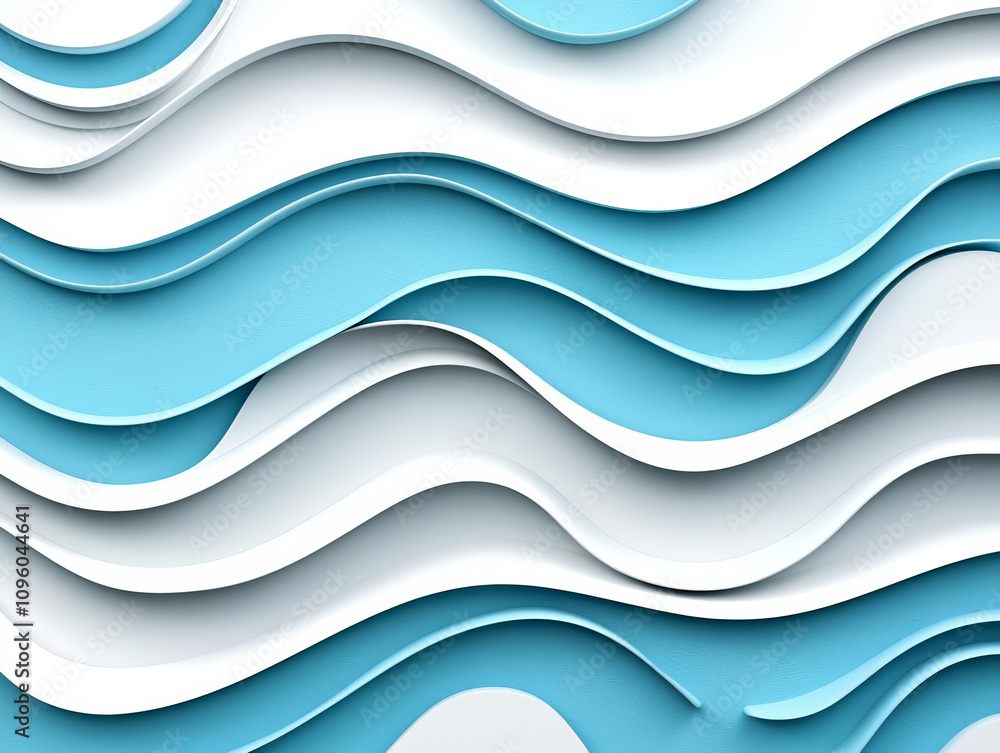 Fototapeta premium Abstract 3D waves in blue and white create dynamic visual effect, showcasing smooth curves and layers that evoke sense of movement and fluidity