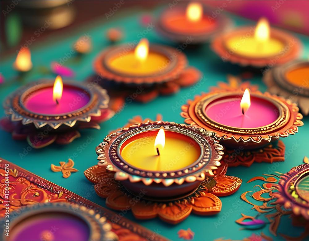 Colorful diyas brighten the festive night.AI Colorful diyas brighten the festive night.AI