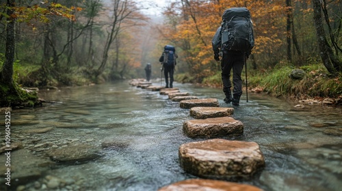 Hikers crossing a stream on stepping stones in a misty, autumn forest.