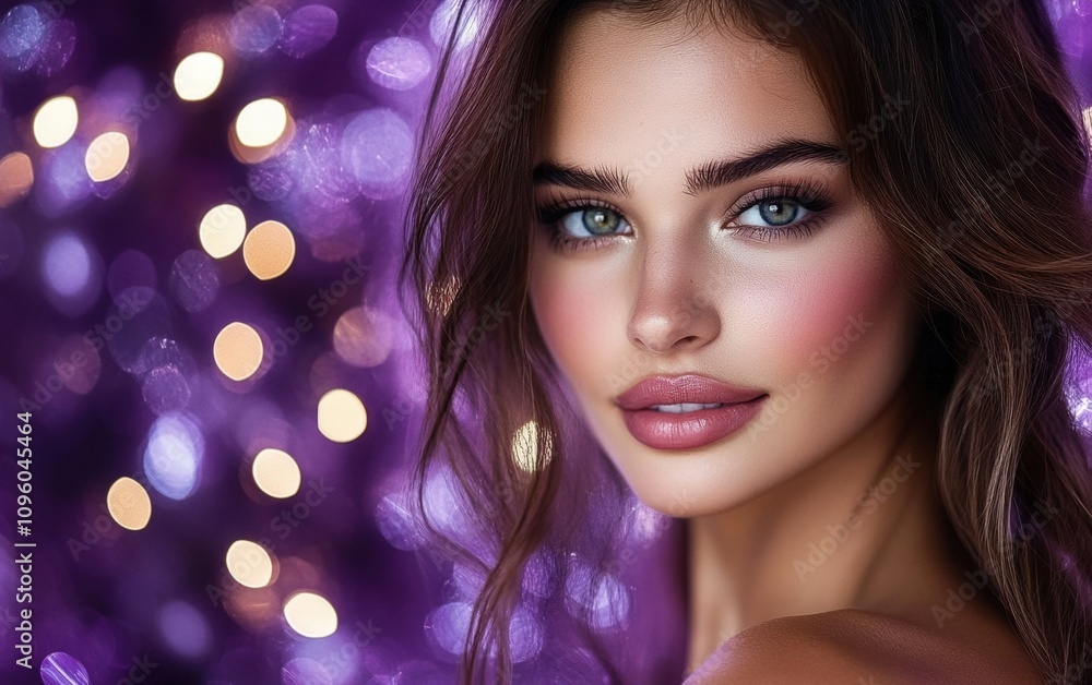 a close-up portrait of beautiful woman on purple christmas background a close-up portrait of beautiful woman on purple christmas background