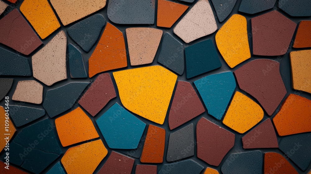 Colorful abstract polygonal designs create vibrant mosaic pattern, featuring shades of orange, blue, brown, and gray. This artistic composition adds lively touch to any space Colorful abstract polygonal designs create vibrant mosaic pattern, featuring shades of orange, blue, brown, and gray. This artistic composition adds lively touch to any space