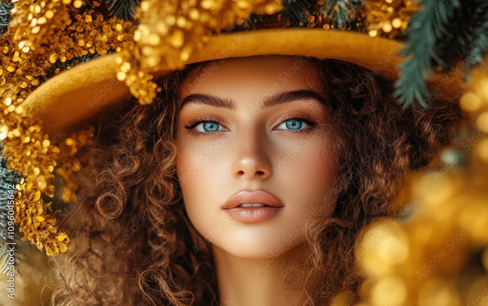 a close-up portrait of beautiful woman on yellow christmas background a close-up portrait of beautiful woman on yellow christmas background