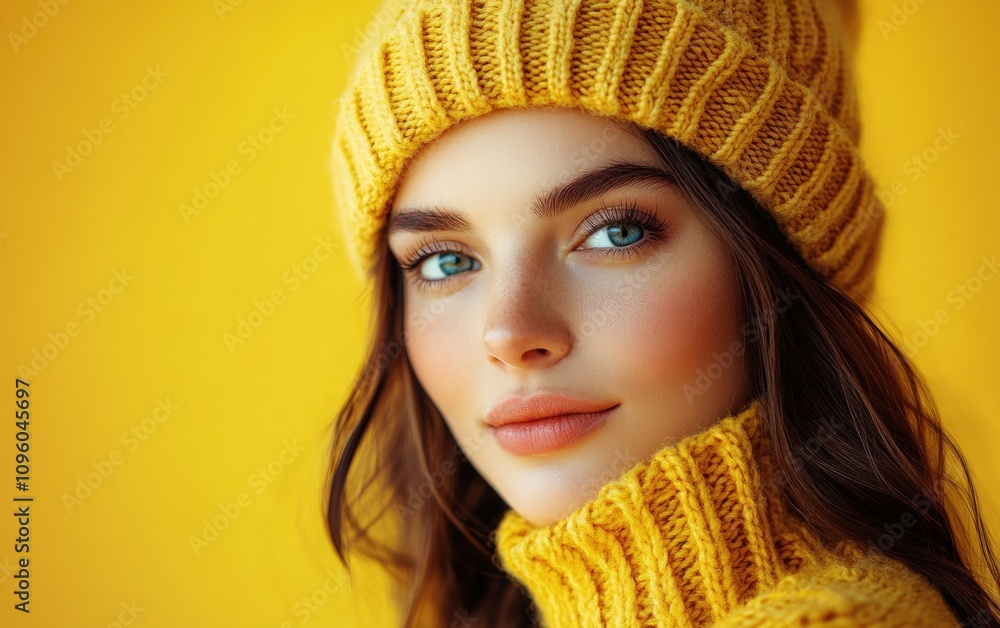 a close-up portrait of beautiful woman on yellow christmas background a close-up portrait of beautiful woman on yellow christmas background