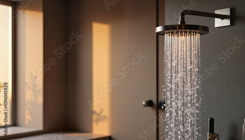 Modern shower with running water at sunset