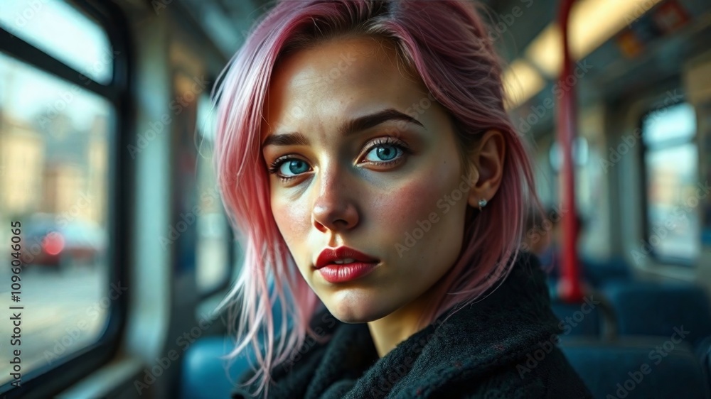 woman with pink hair looking at camera while riding subway woman with pink hair looking at camera while riding subway