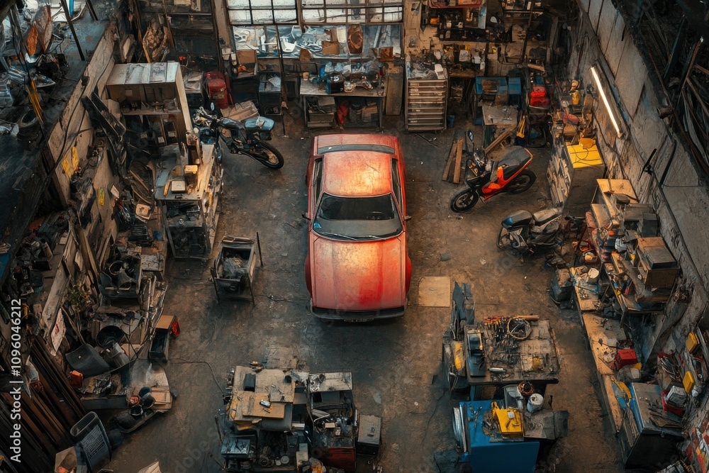 A cluttered workshop featuring a red car surrounded by tools and motorcycles. A cluttered workshop featuring a red car surrounded by tools and motorcycles.