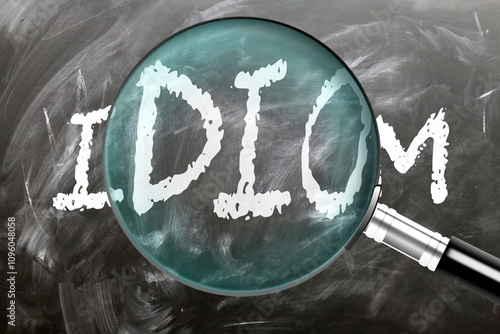Idiom - learn, study and inspect it. Taking a closer look at idiom. A magnifying glass enlarging word 'idiom' written on a blackboard ,3d illustration