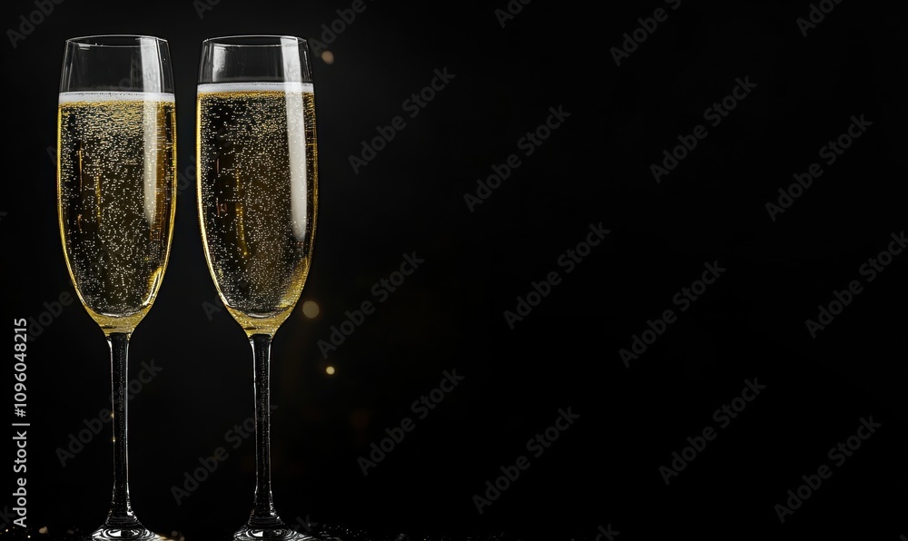 Elegant champagne flutes filled with bubbly sparkling wine on a dark background, perfect for celebrations, toasts, and festive occasions, evoking luxury and happiness. Elegant champagne flutes filled with bubbly sparkling wine on a dark background, perfect for celebrations, toasts, and festive occasions, evoking luxury and happiness.
