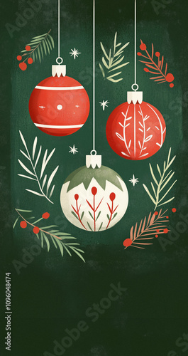 Vintage minimalist illustration of three Christmas ornaments