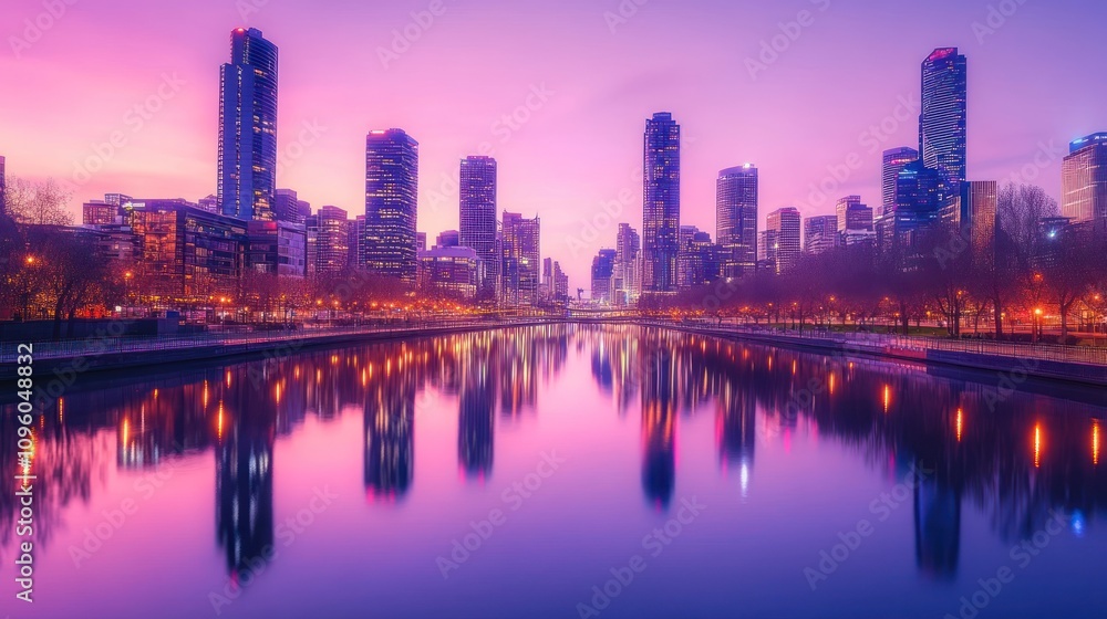 Obraz premium City skyline reflecting in calm river at sunset with vibrant purple sky