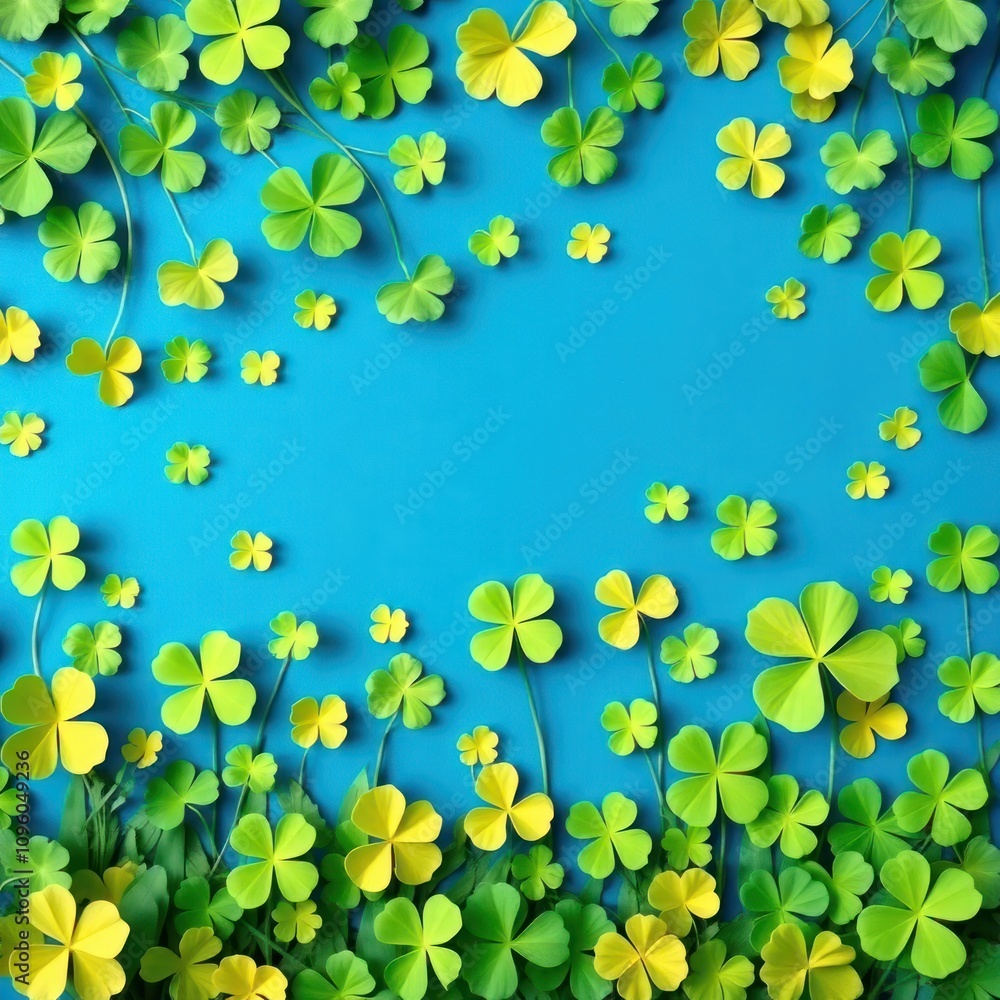 Naklejka premium a lively arrangement of paper-cut clovers in shades of green and yellow, artistically scattered around the edges of a vibrant turquoise background. 