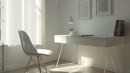 A minimalistic workspace featuring a desk, chair, and natural light.