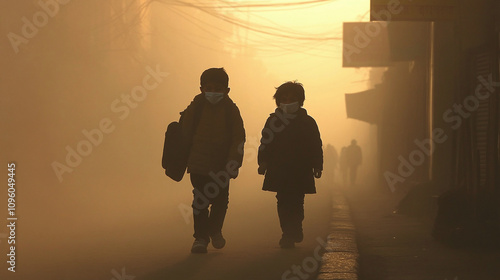 Silhouettes of children walking in the streets of delhi during smog.