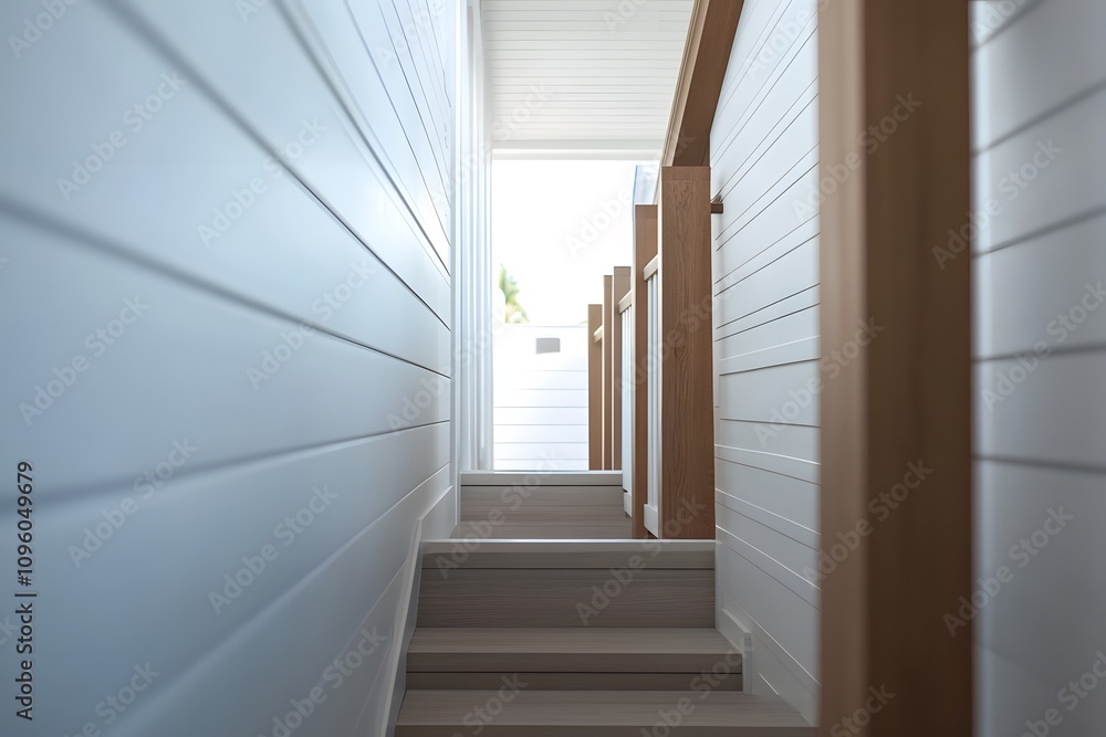 Fototapeta premium A serene staircase leading to a bright space, framed by wooden railings and white walls.