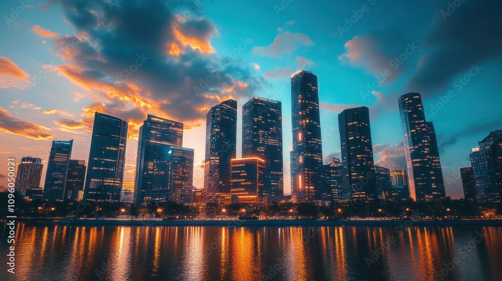 Fototapeta premium A futuristic cityscape at sunset, featuring illuminated skyscrapers against a cloudy blue sky near a river.