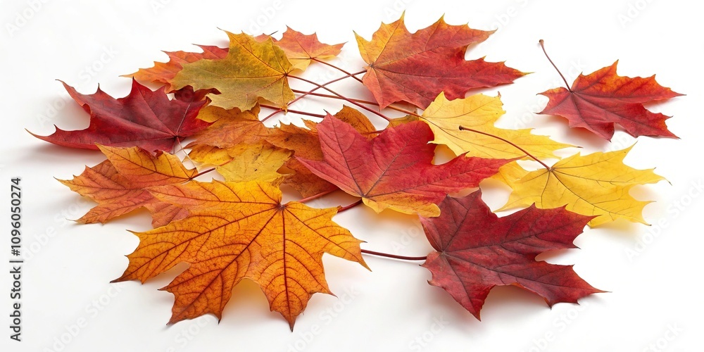 Fototapeta premium Set of vibrant autumn leaves arranged in a loose organic pattern on a clean white surface, nature backdrop, leaf patterns