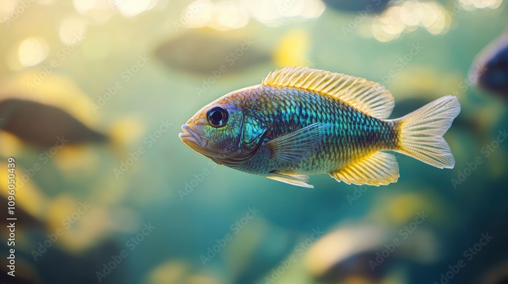 A vibrant fish swimming in a clear underwater environment surrounded by other fish. A vibrant fish swimming in a clear underwater environment surrounded by other fish.