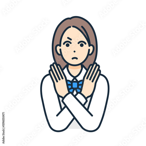 手でバツを作る女子高生のベクターイラスト素材。胸の前で手を交差し拒否を表すジェスチャー。