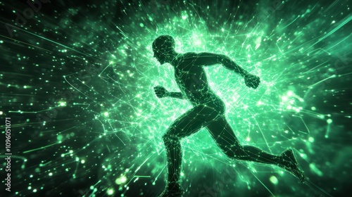 A human figure running through cyberspace, glowing green neural connections lighting up his brain and limbs as he accelerates. AI and neural networks in motion. photo