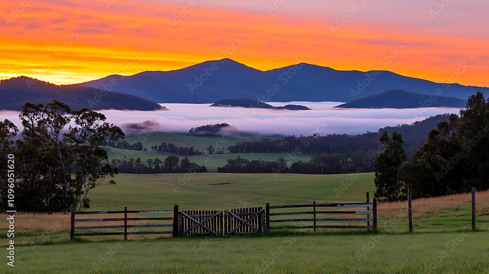 custom made wallpaper toronto digitalBreathtaking Sunrise Over Misty Mountains and Lush Green Fields Captured in a Serene Landscape Scene with Vibrant Colors and Peaceful Atmosphere